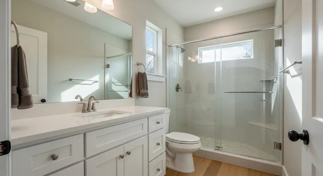 Small modern bathroom remodel with walk-in shower, white vanity, and light wood flooring
