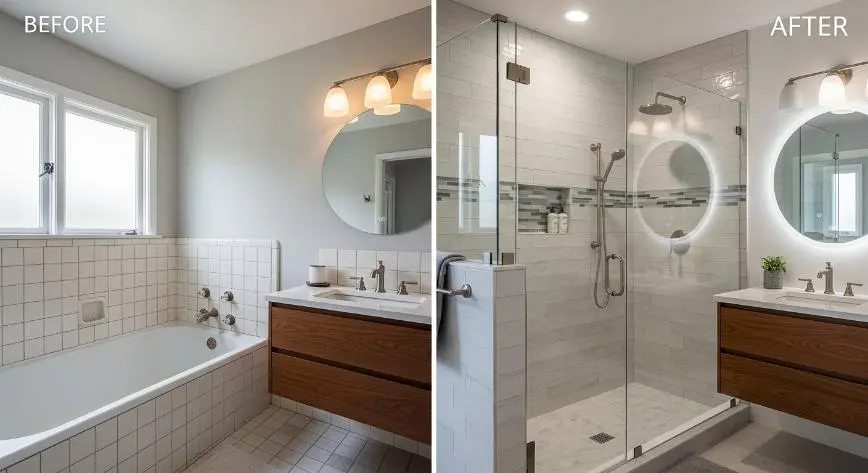 Tub to shower conversion remodel in an Austin bathroom with glass shower and modern tile