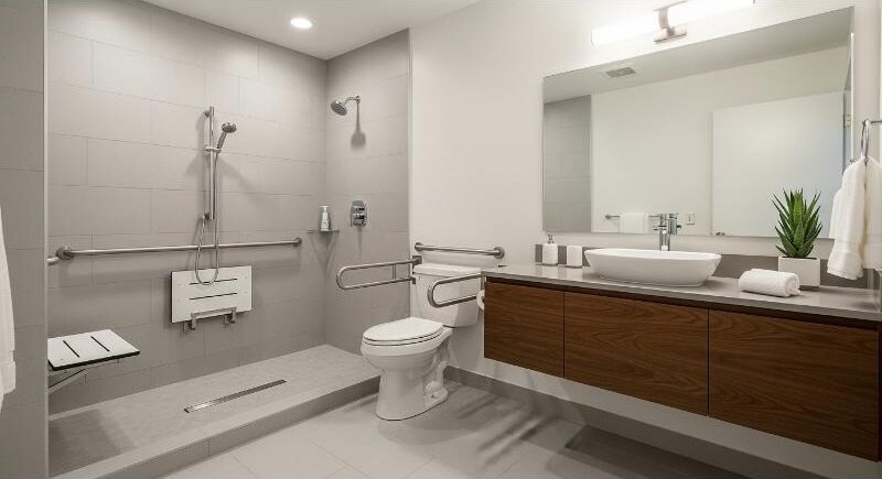 ADA-compliant bathroom with grab bars and curbless shower in Zilker Park Austin home.