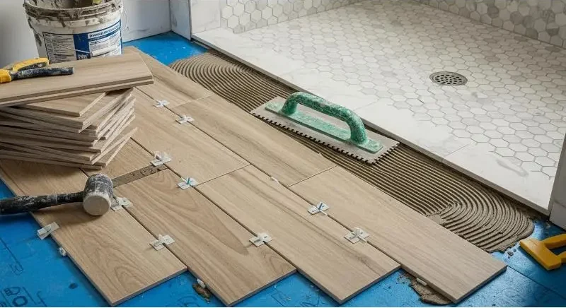 Porcelain tiles being installed over waterproof membrane in a bathroom.
