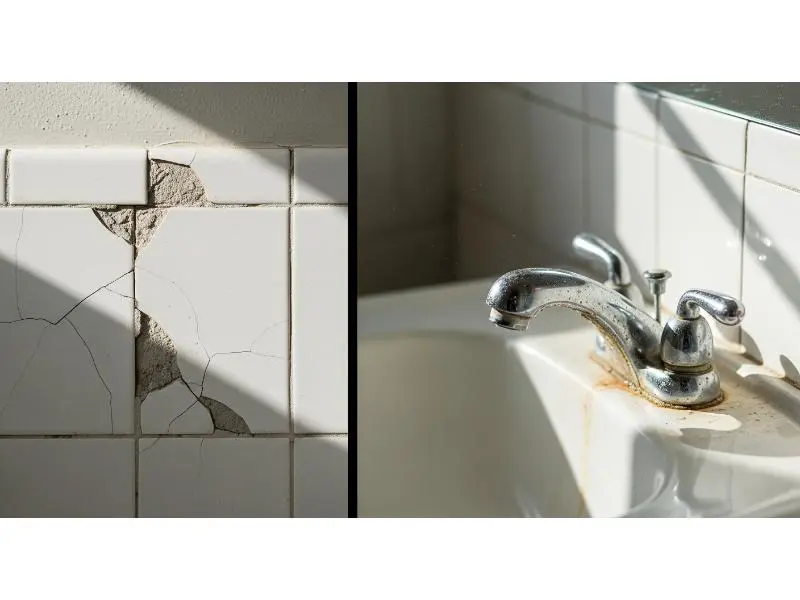 Cracked tiles and hard water stains in an Austin bathroom showing common local remodeling issues.